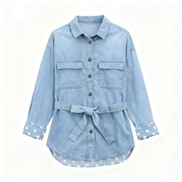 Women's Light Blue Denim Belted Shirt with Polka Dot Trim