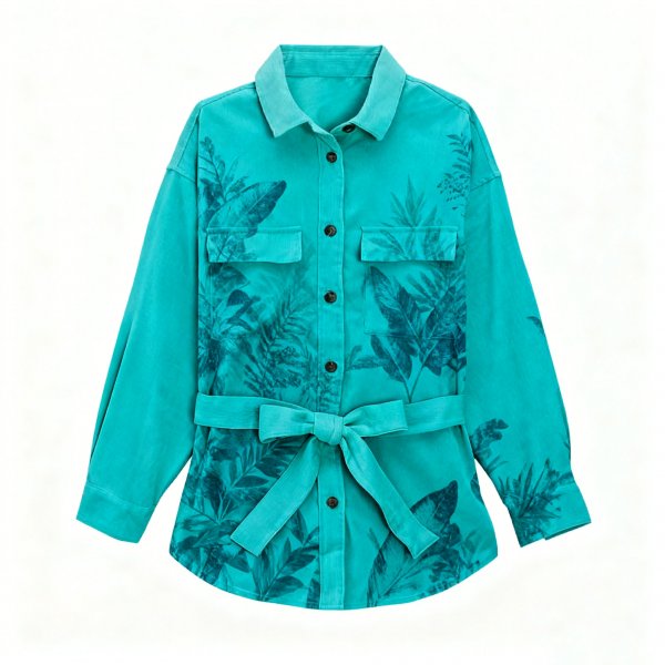 Women's Teal Belted Shirt with Tropical Leaf Print