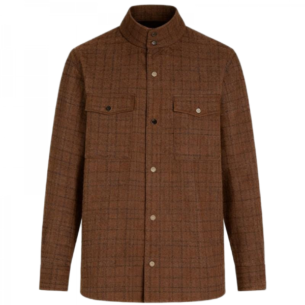 Brown Plaid Stand-Collar Shirt