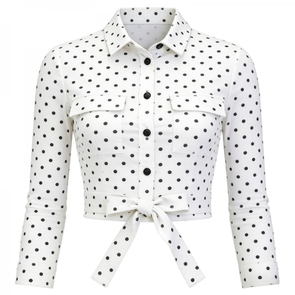 White & Black Polka Dot Cropped Tie-Waist Shirt