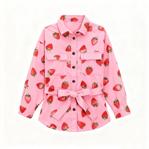 Women's Pink Belted Shirt with All-Over Strawberry Print