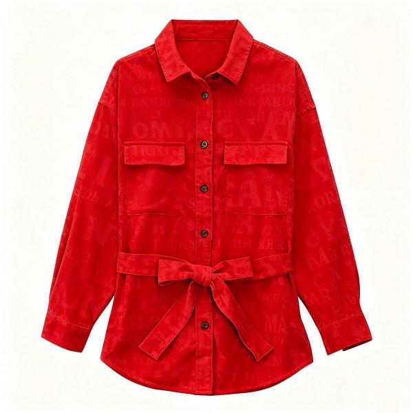Women's Red Belted Shirt with Subtle Letter Print